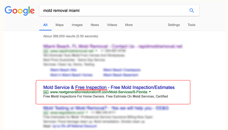 Google search result on mold removal miami 